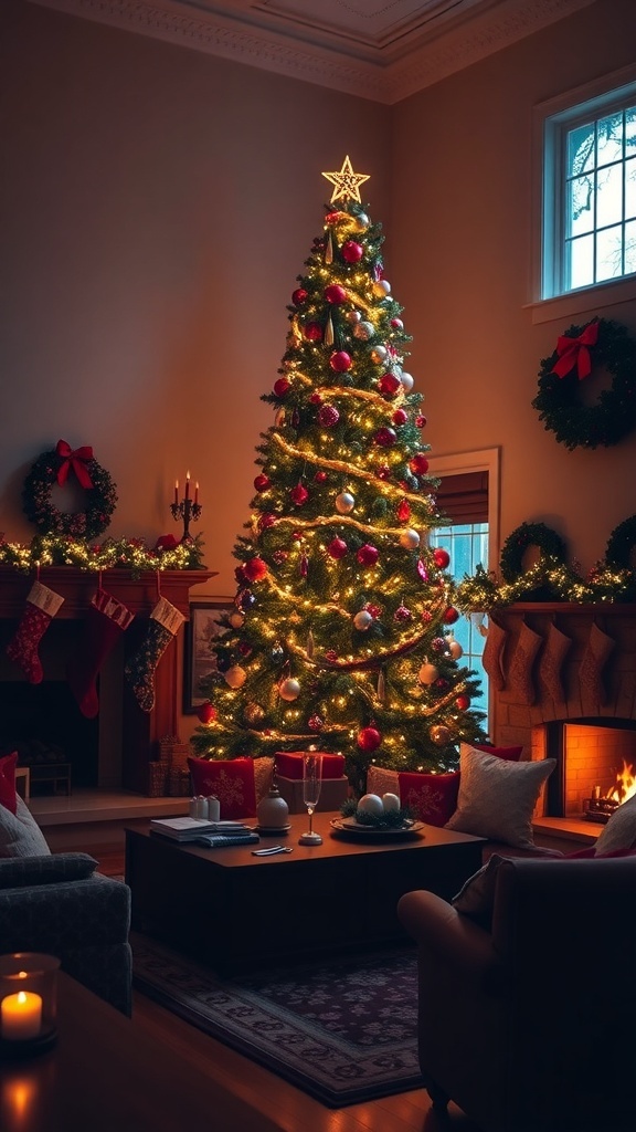 A cozy living room decorated for Christmas with a large tree, lights, and festive ornaments.